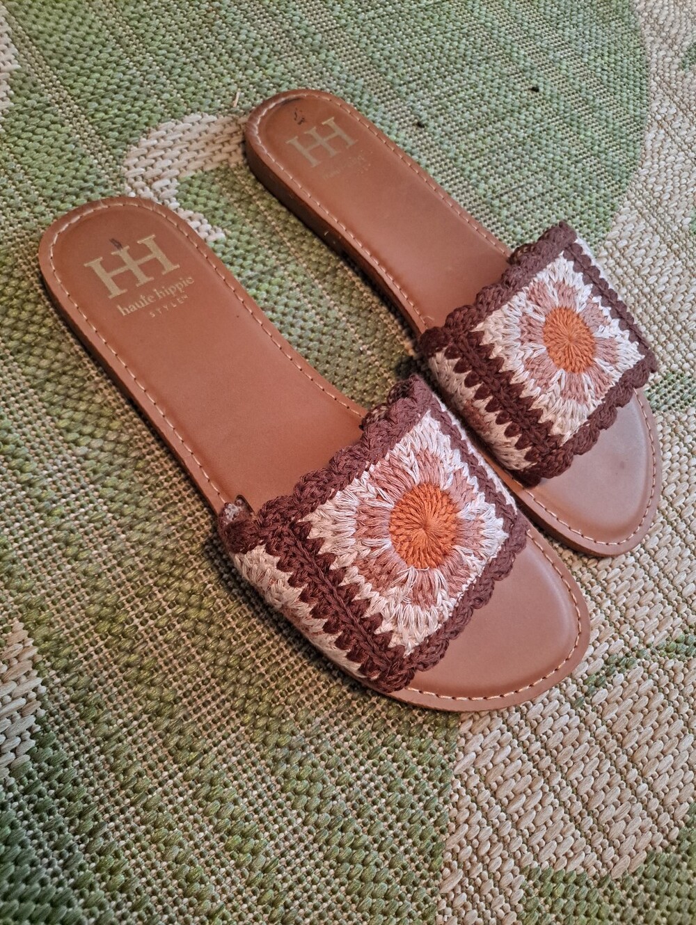 Haute Hippie Brown Tan Crochet Slide Sandals